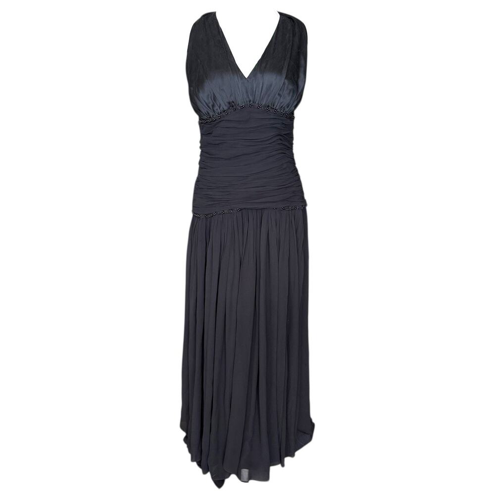 100% Silk Vintage Black Beaded Halter Dress Magali Evening Gown Drop Waist Deco